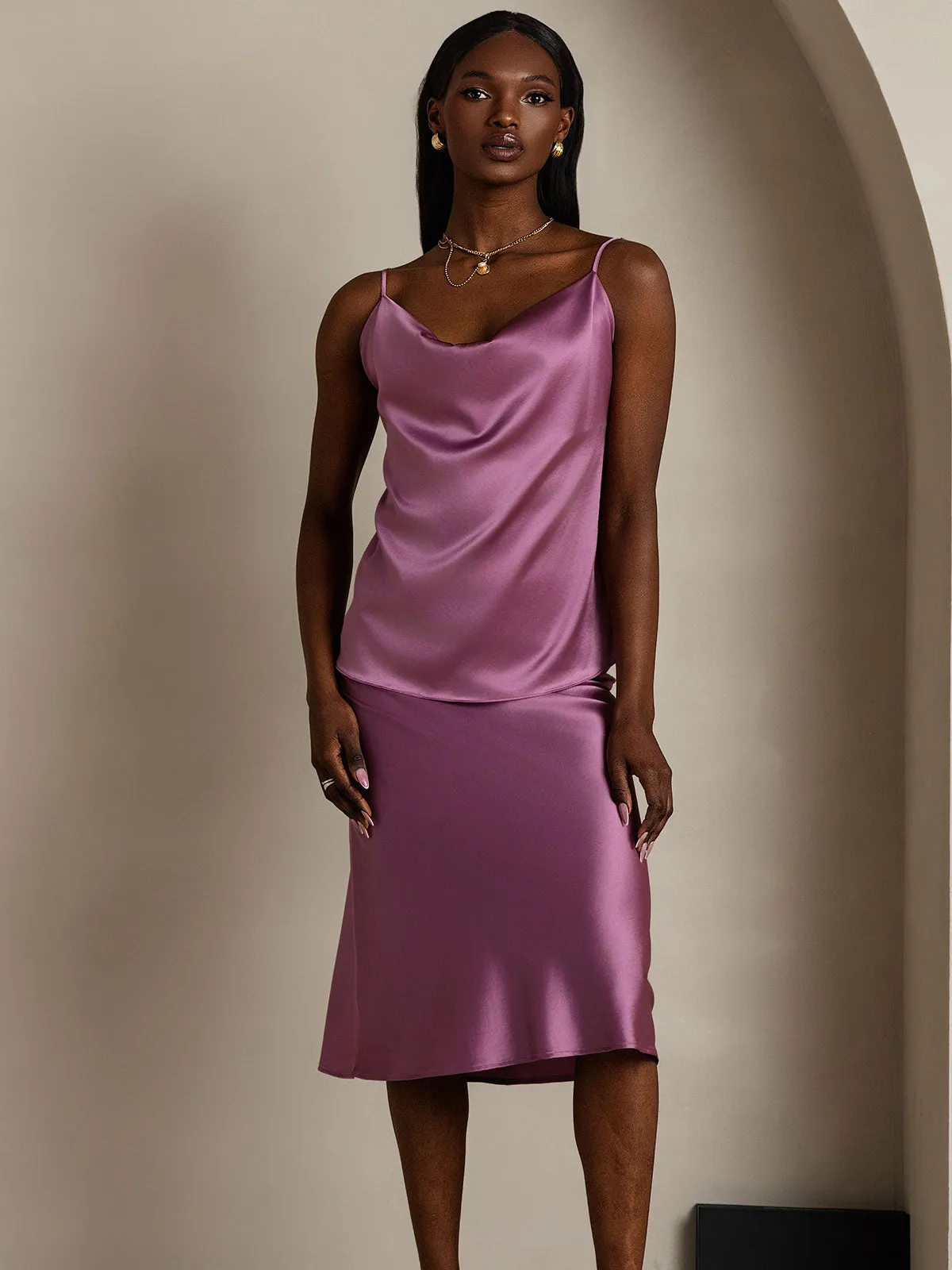19Momme Soie Col Bénitier Bretelles Spaghetti Camisole Haut