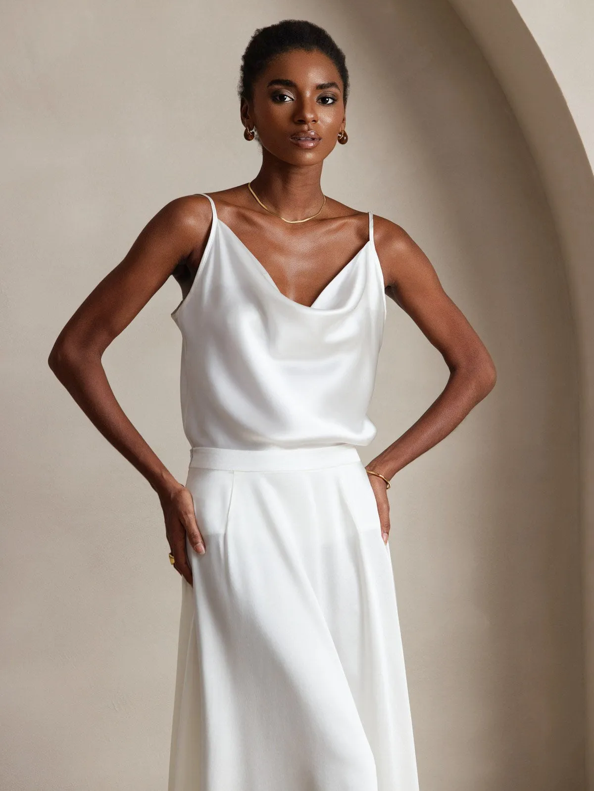 19Momme Soie Col Bénitier Bretelles Spaghetti Camisole Haut