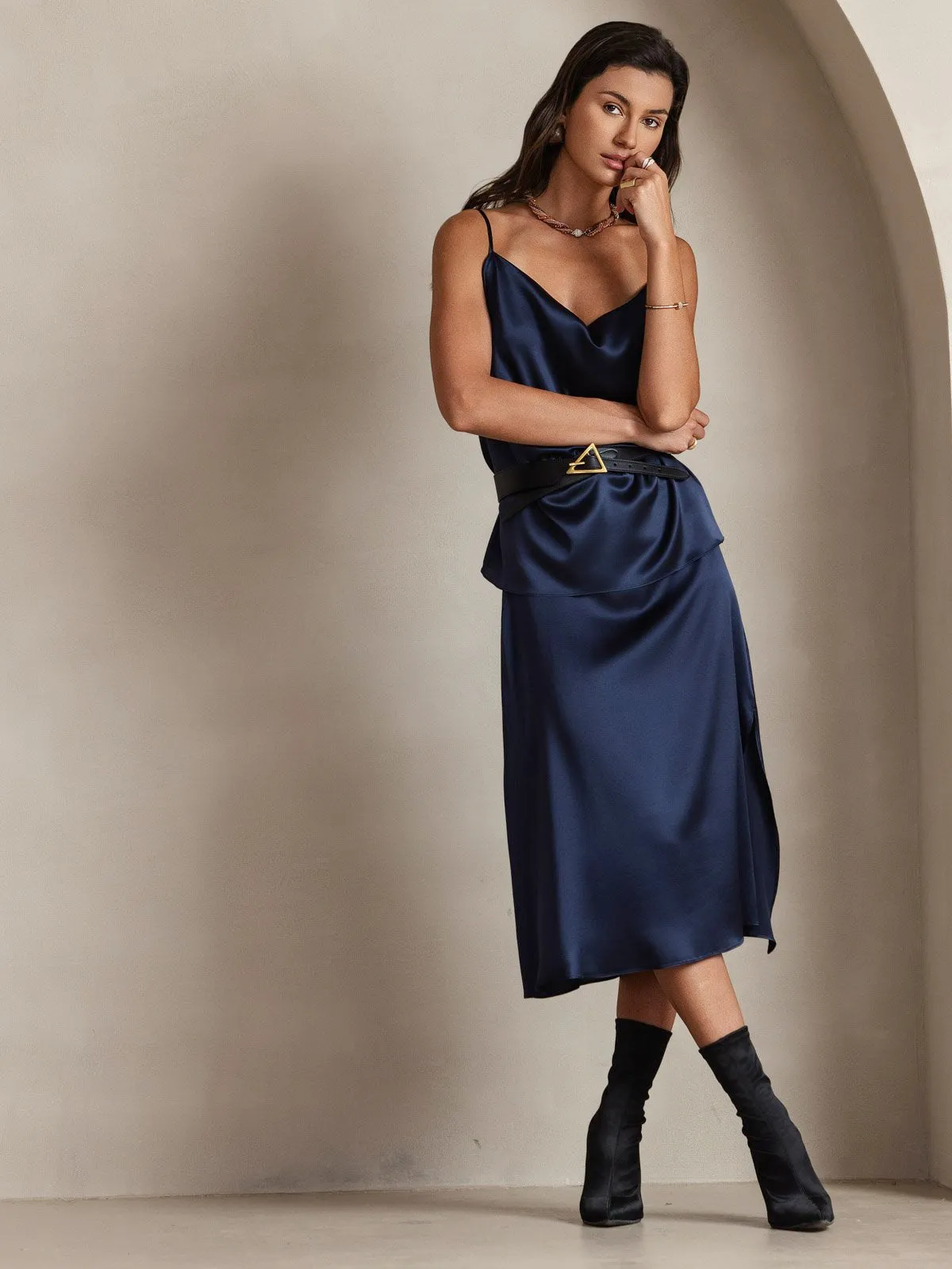 19Momme Soie Col Bénitier Bretelles Spaghetti Camisole Haut