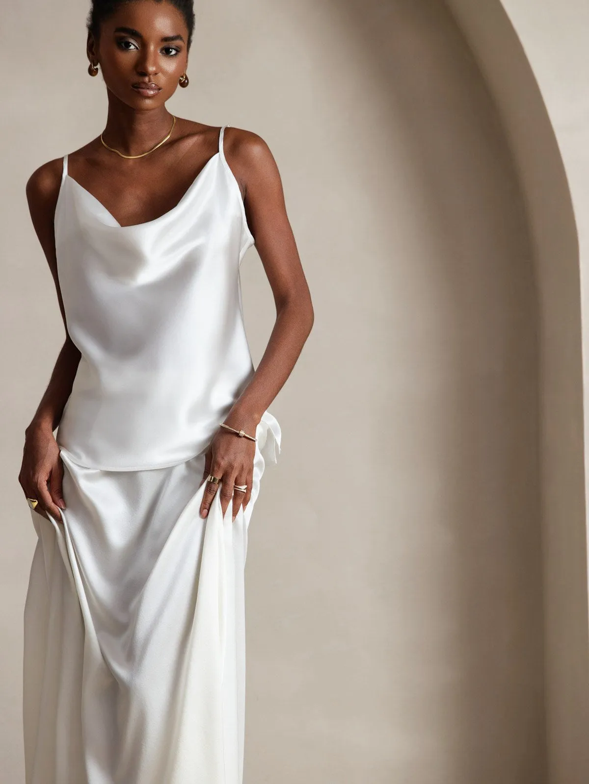 19Momme Soie Col Bénitier Bretelles Spaghetti Camisole Haut