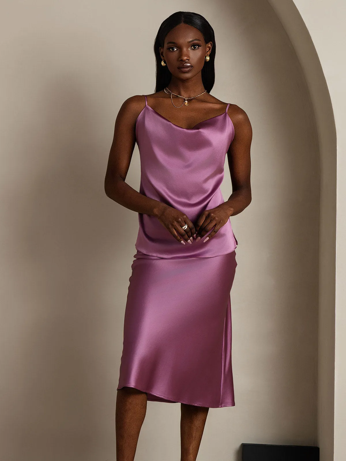 19Momme Soie Col Bénitier Bretelles Spaghetti Camisole Haut