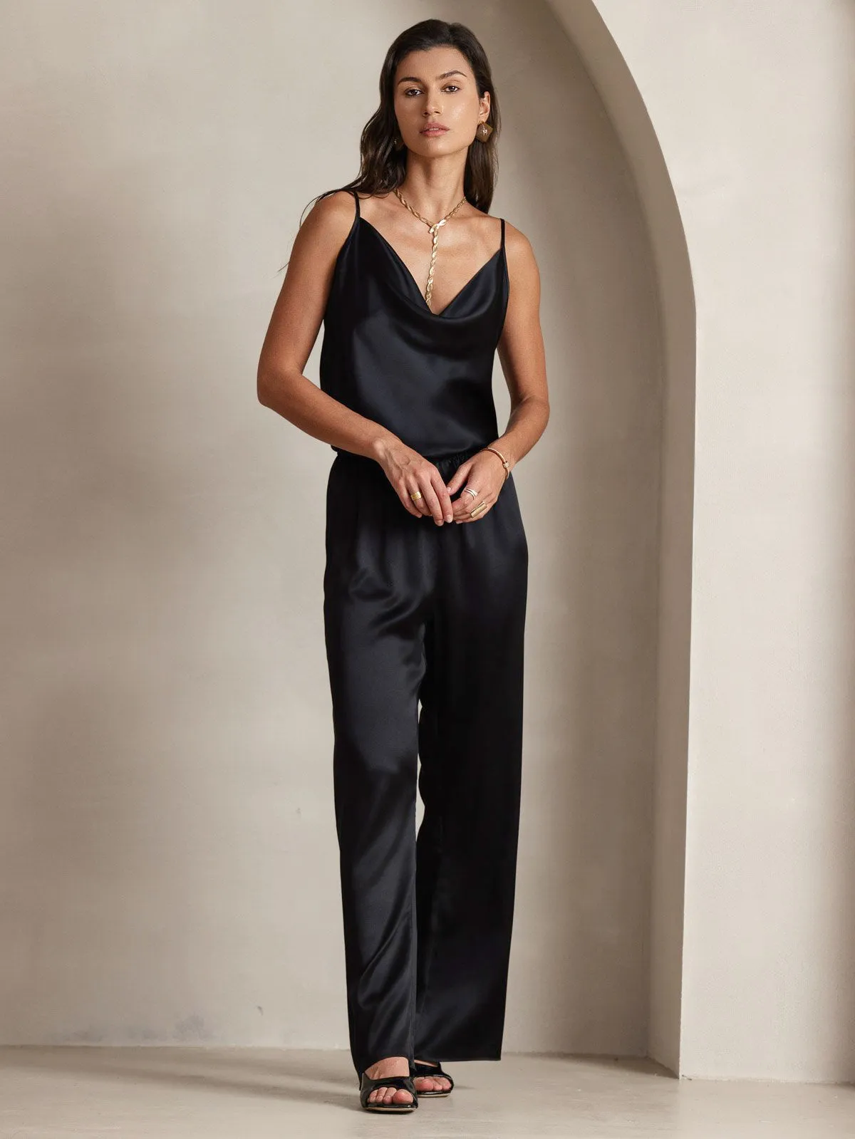 19Momme Soie Col Bénitier Bretelles Spaghetti Camisole Haut