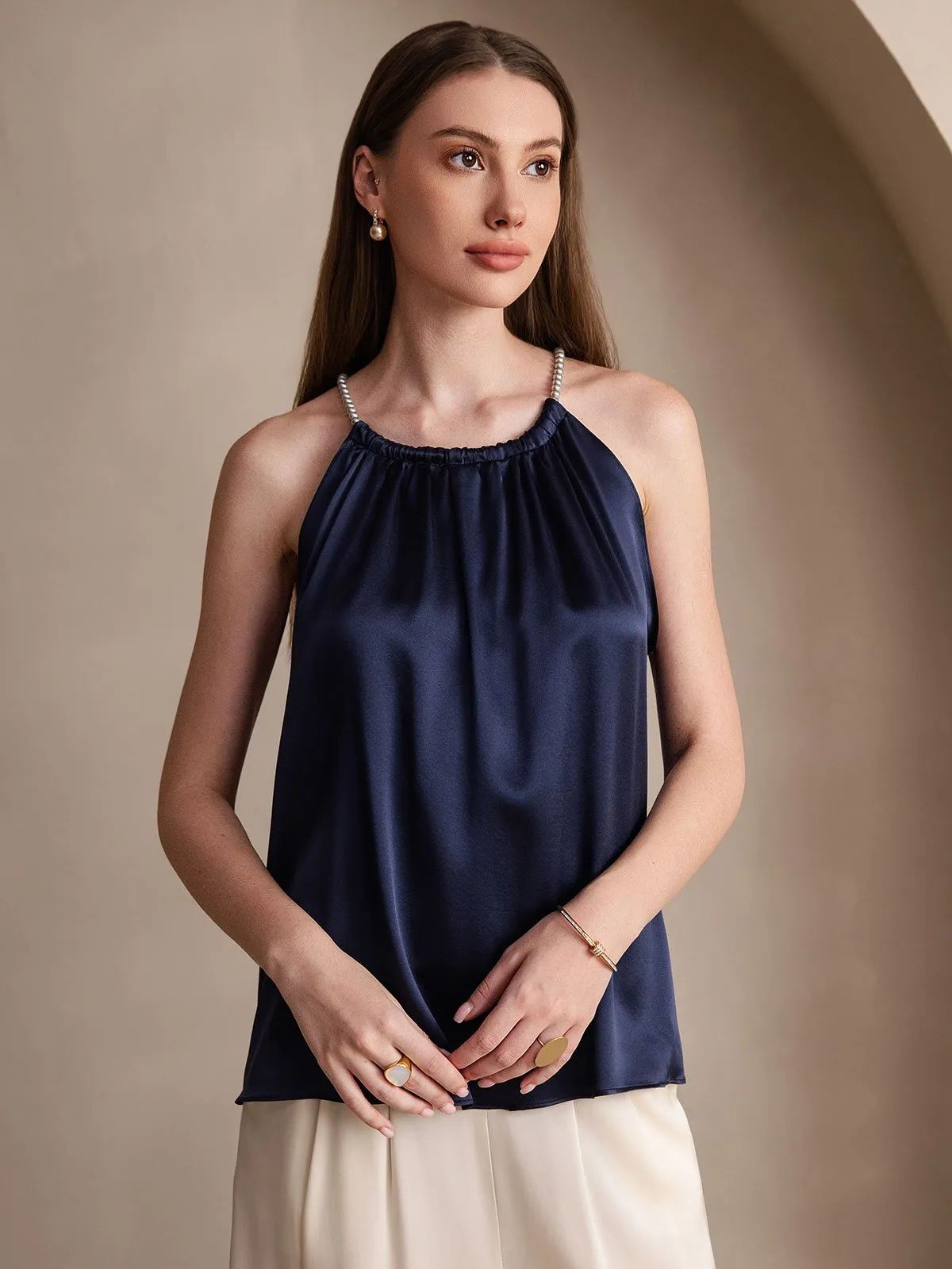 19Momme Zijde Parel Knoop Hals Tanktop