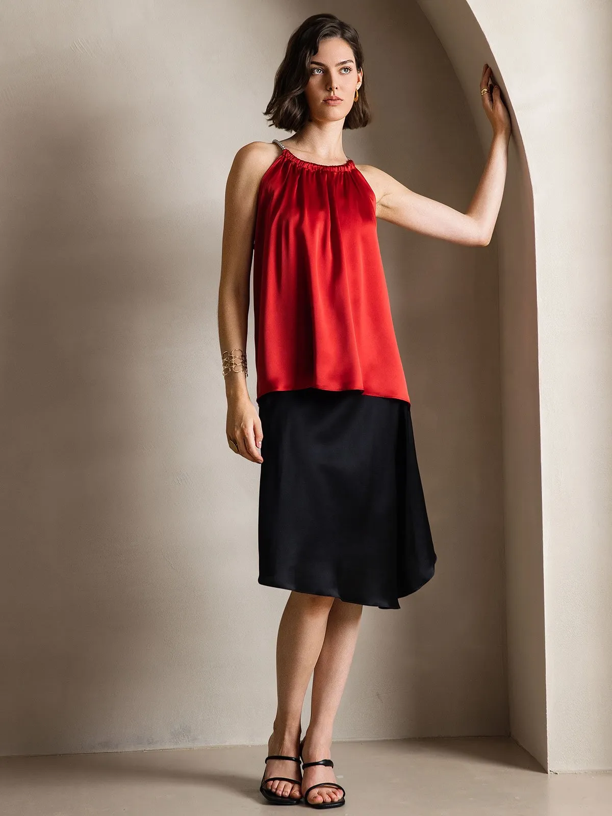 19Momme Zijde Parel Knoop Hals Tanktop