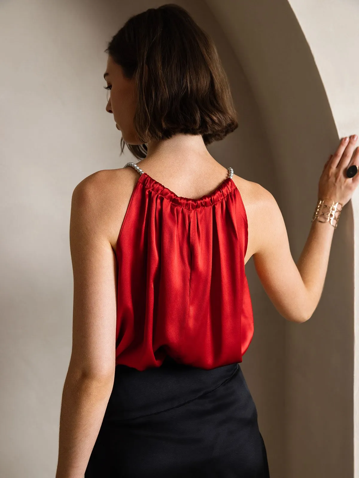 19Momme Zijde Parel Knoop Hals Tanktop