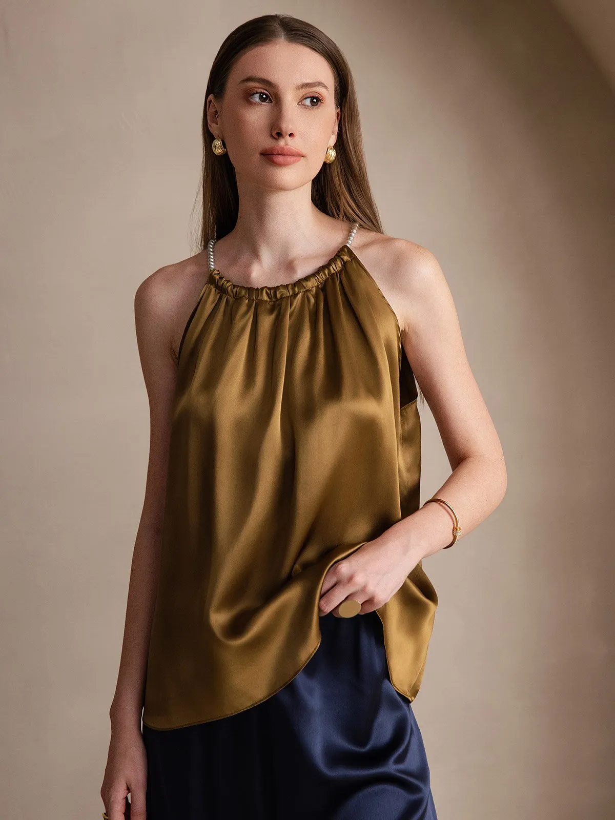 19Momme Zijde Parel Knoop Hals Tanktop