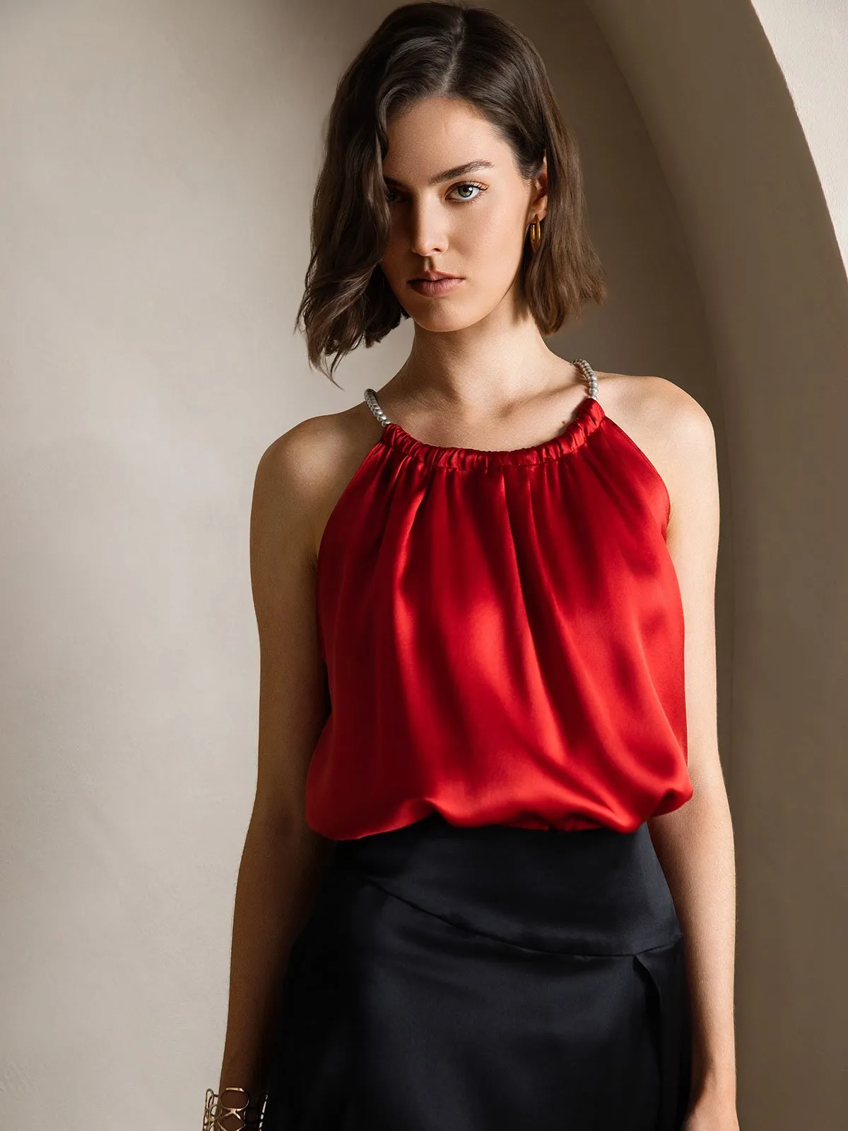 19Momme Zijde Parel Knoop Hals Tanktop
