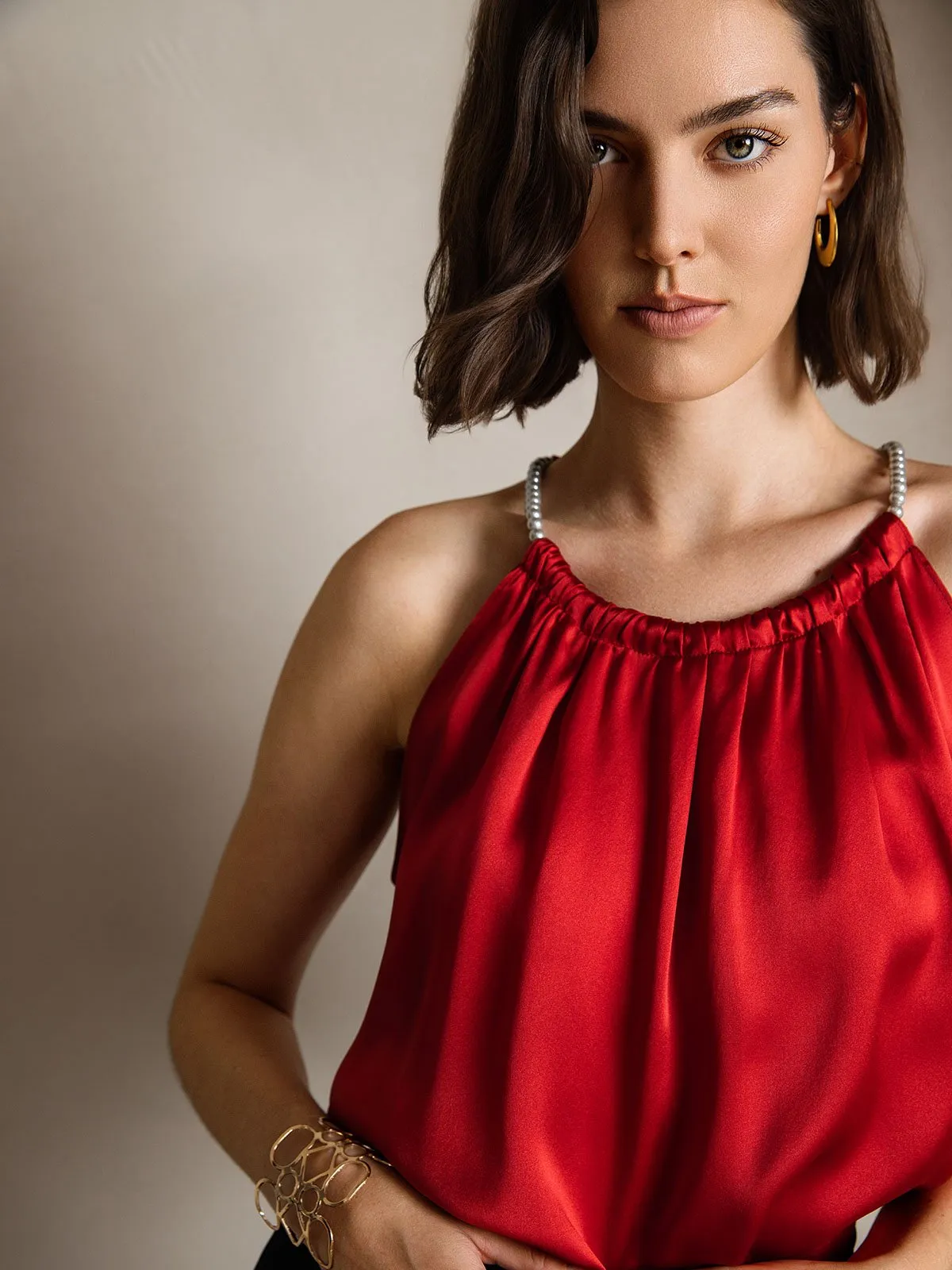 19Momme Zijde Parel Knoop Hals Tanktop