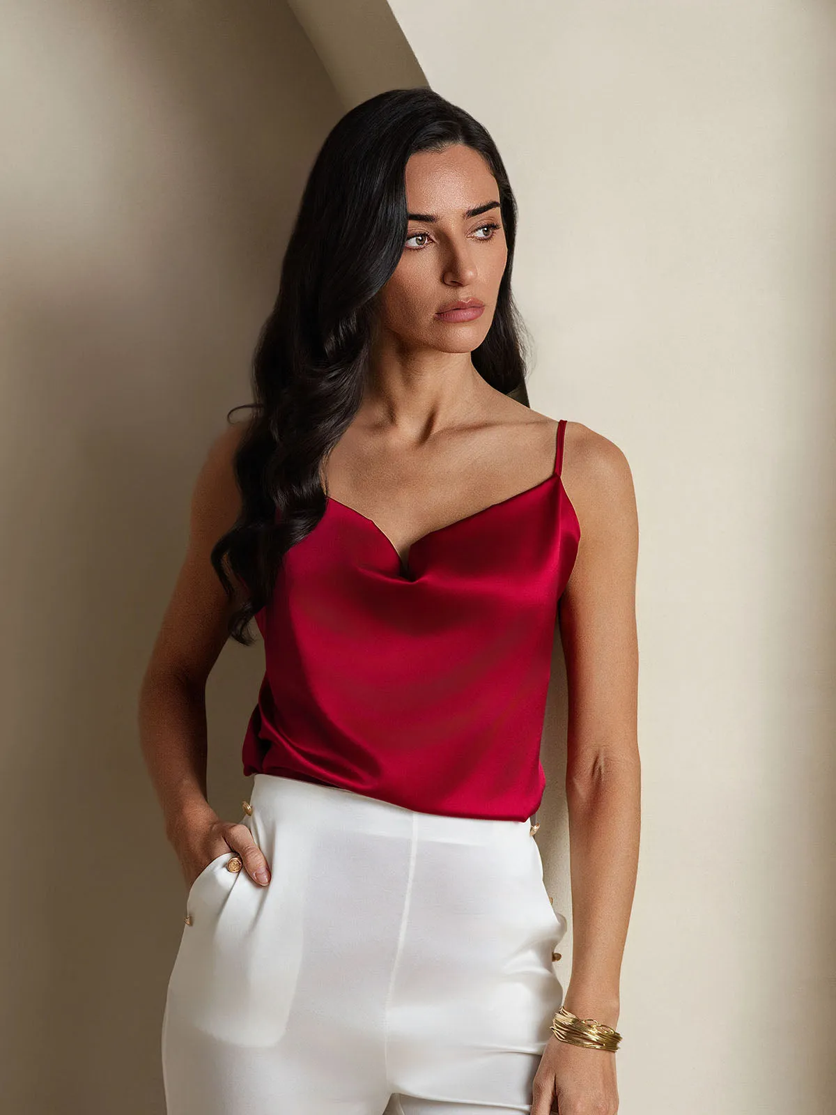 19Momme Zijde Watervalhals Spaghettibandjes Camisole Top