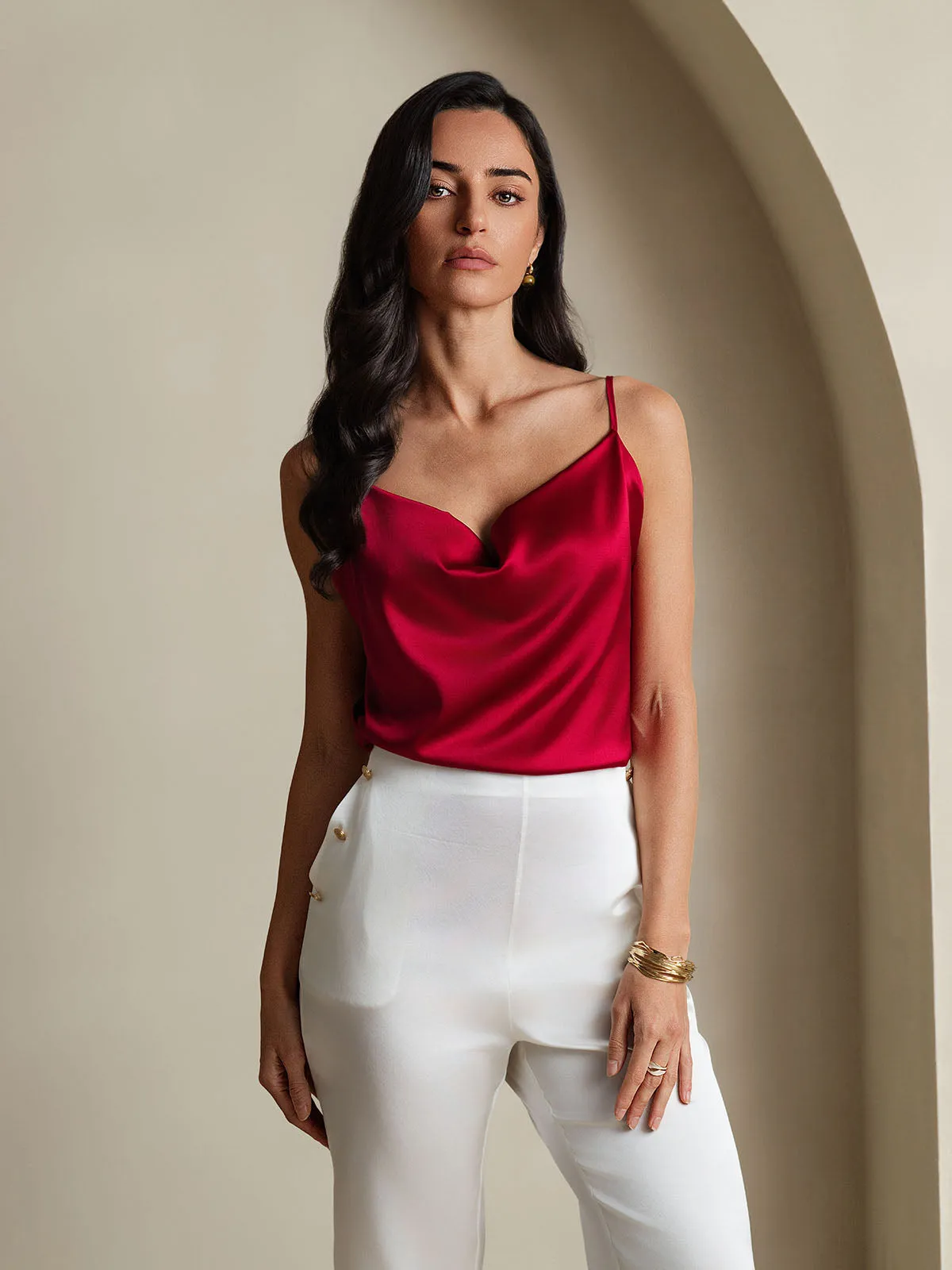 19Momme Zijde Watervalhals Spaghettibandjes Camisole Top