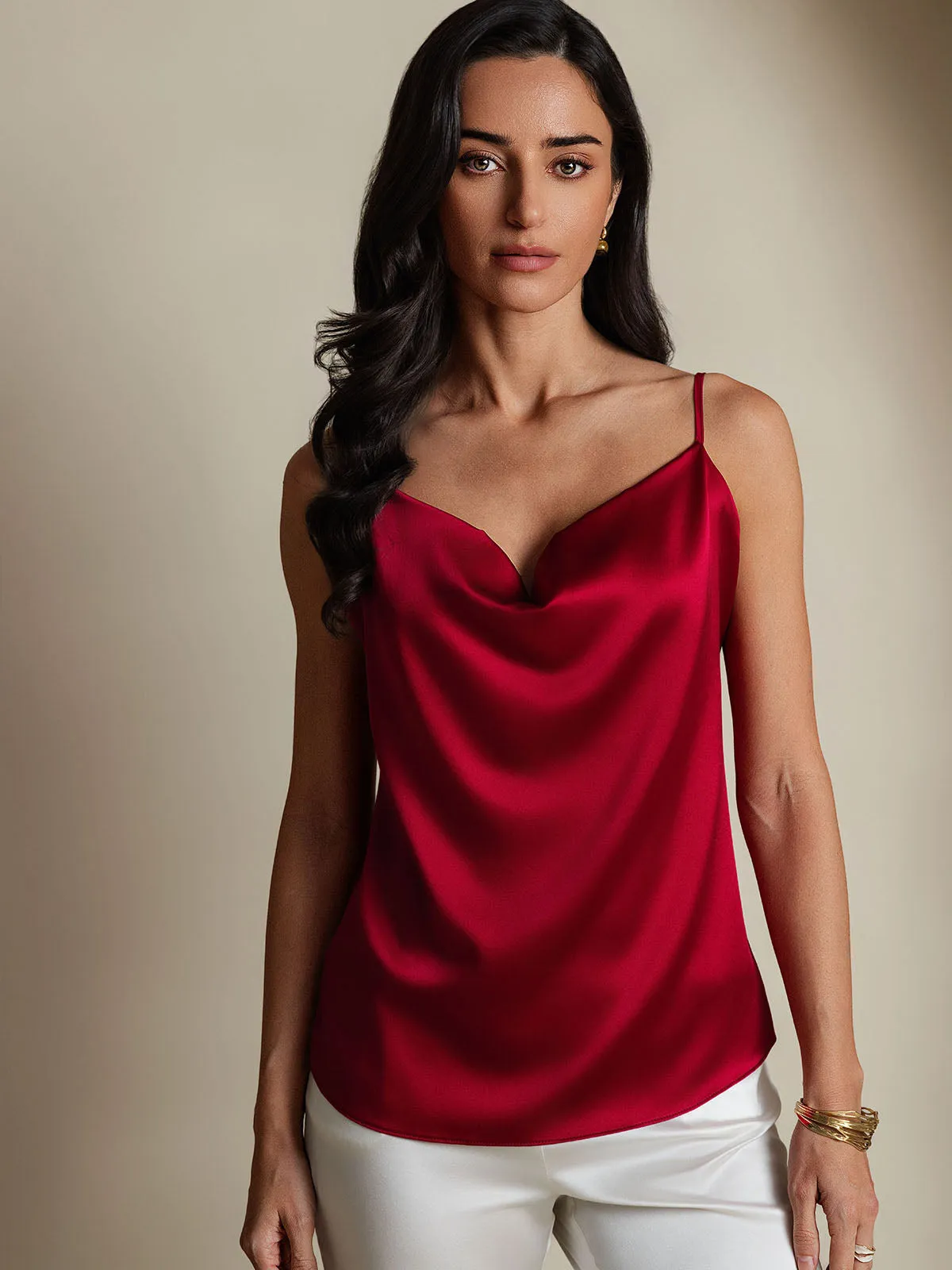 19Momme Zijde Watervalhals Spaghettibandjes Camisole Top