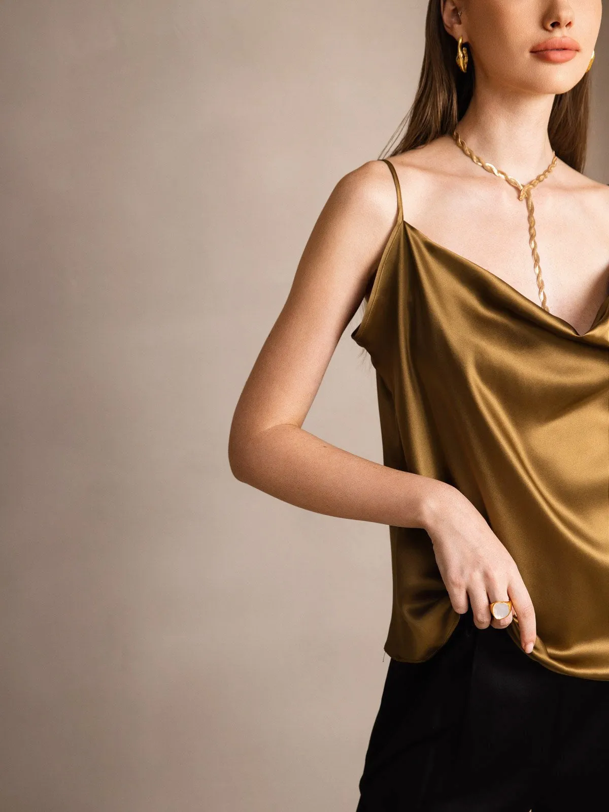 19Momme Zijde Watervalhals Spaghettibandjes Camisole Top