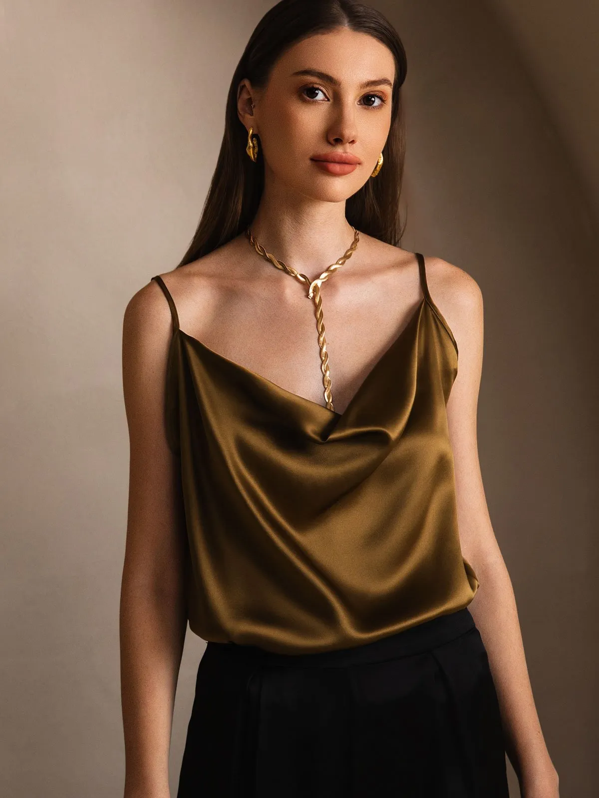 19Momme Zijde Watervalhals Spaghettibandjes Camisole Top