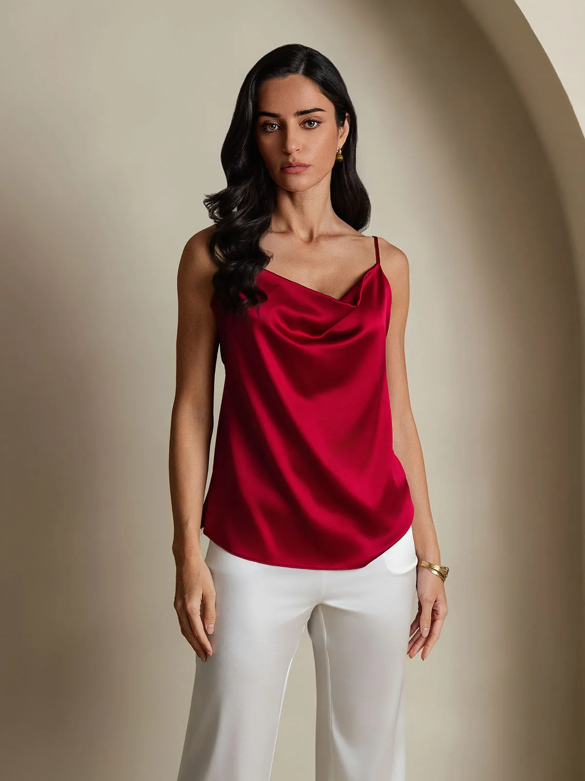 19Momme Zijde Watervalhals Spaghettibandjes Camisole Top