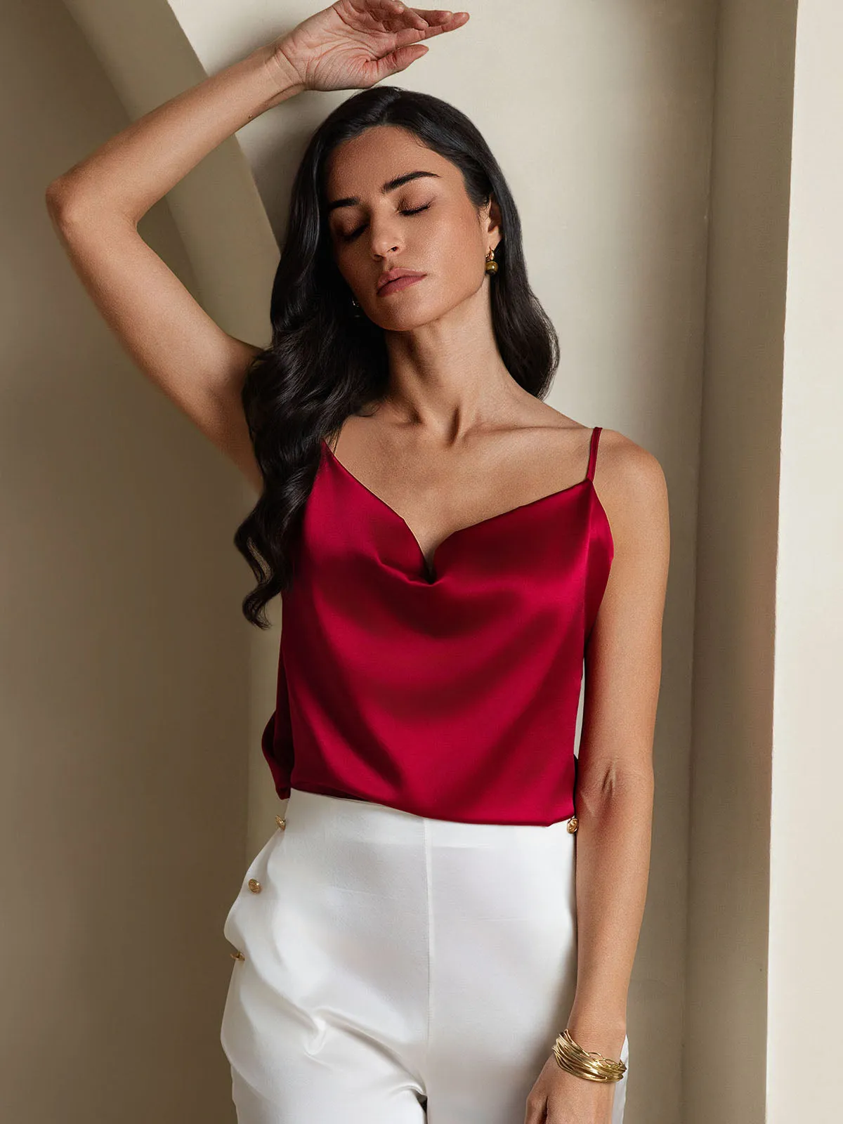 19Momme Zijde Watervalhals Spaghettibandjes Camisole Top