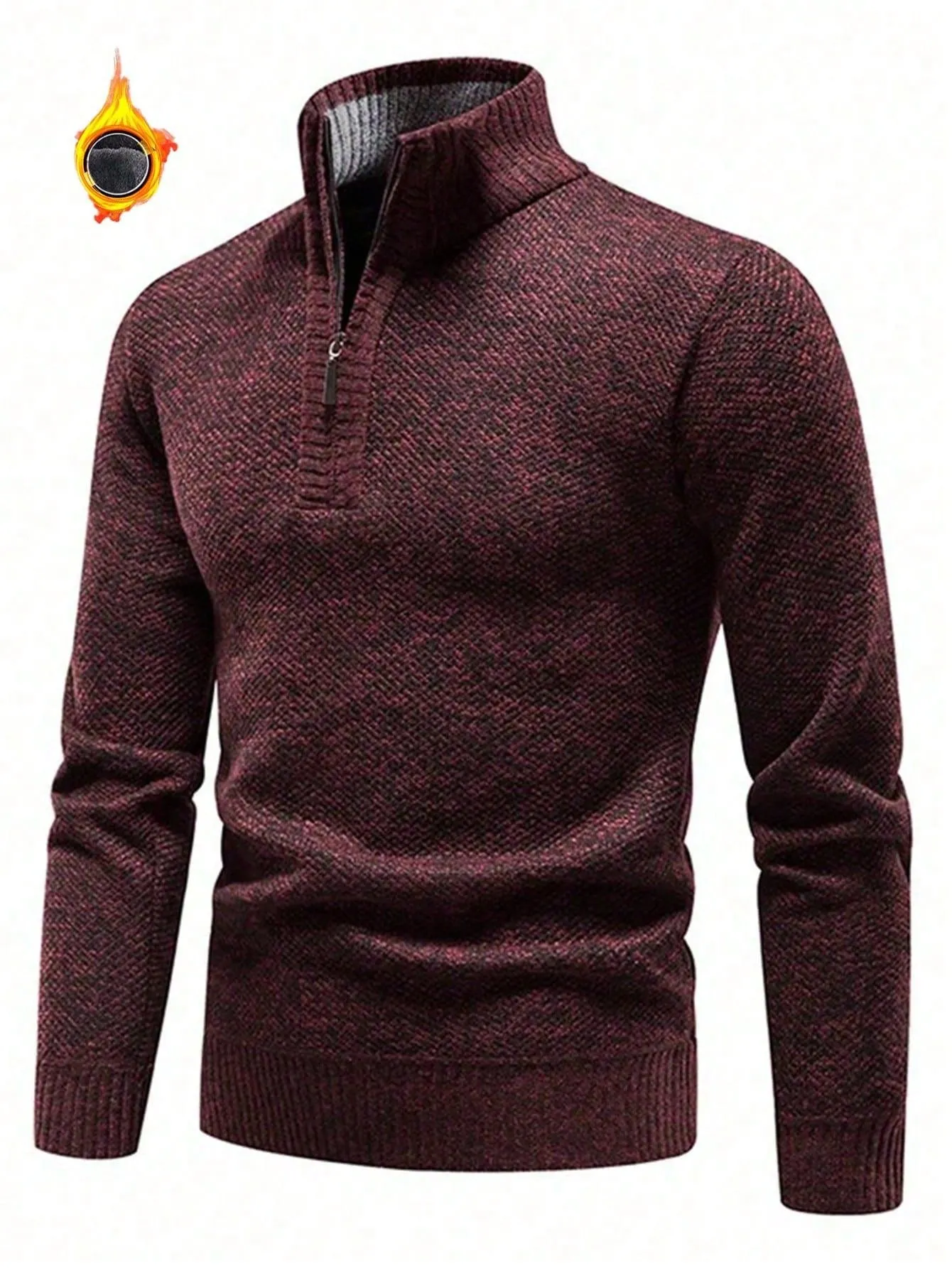 1pc Men's Quarter Zip Pullover, Casual Slim Fit Fleece Lined Thick Polo Neck