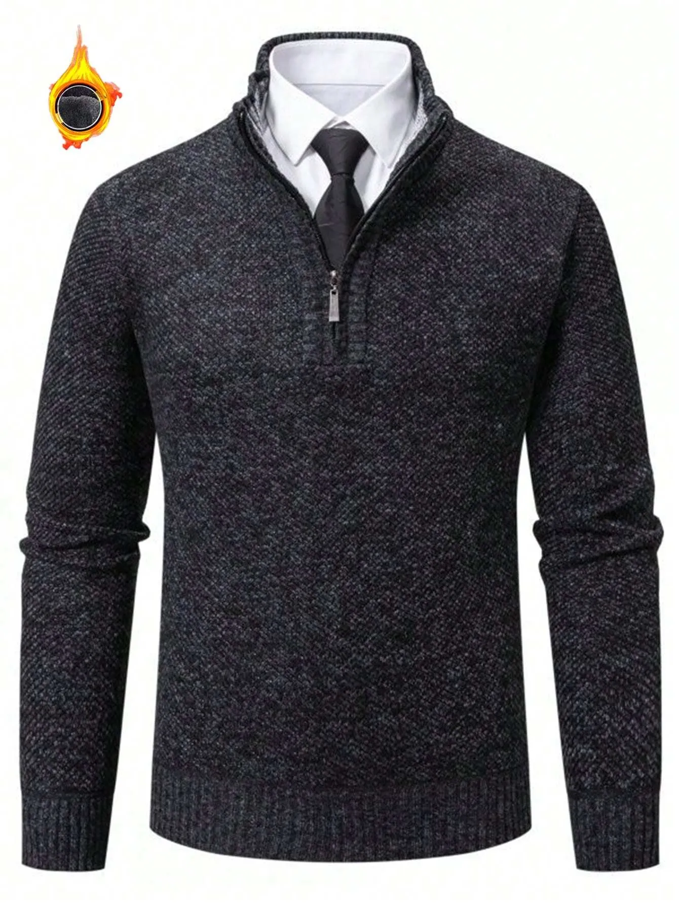 1pc Men's Quarter Zip Pullover, Casual Slim Fit Fleece Lined Thick Polo Neck