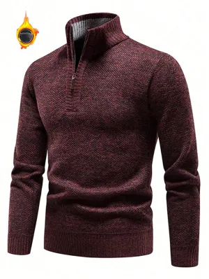 1pc Men's Quarter Zip Pullover, Casual Slim Fit Fleece Lined Thick Polo Neck
