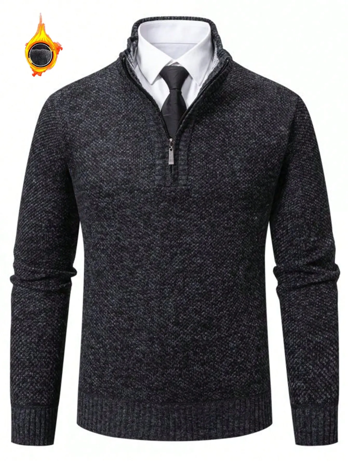1pc Men's Quarter Zip Pullover, Casual Slim Fit Fleece Lined Thick Polo Neck