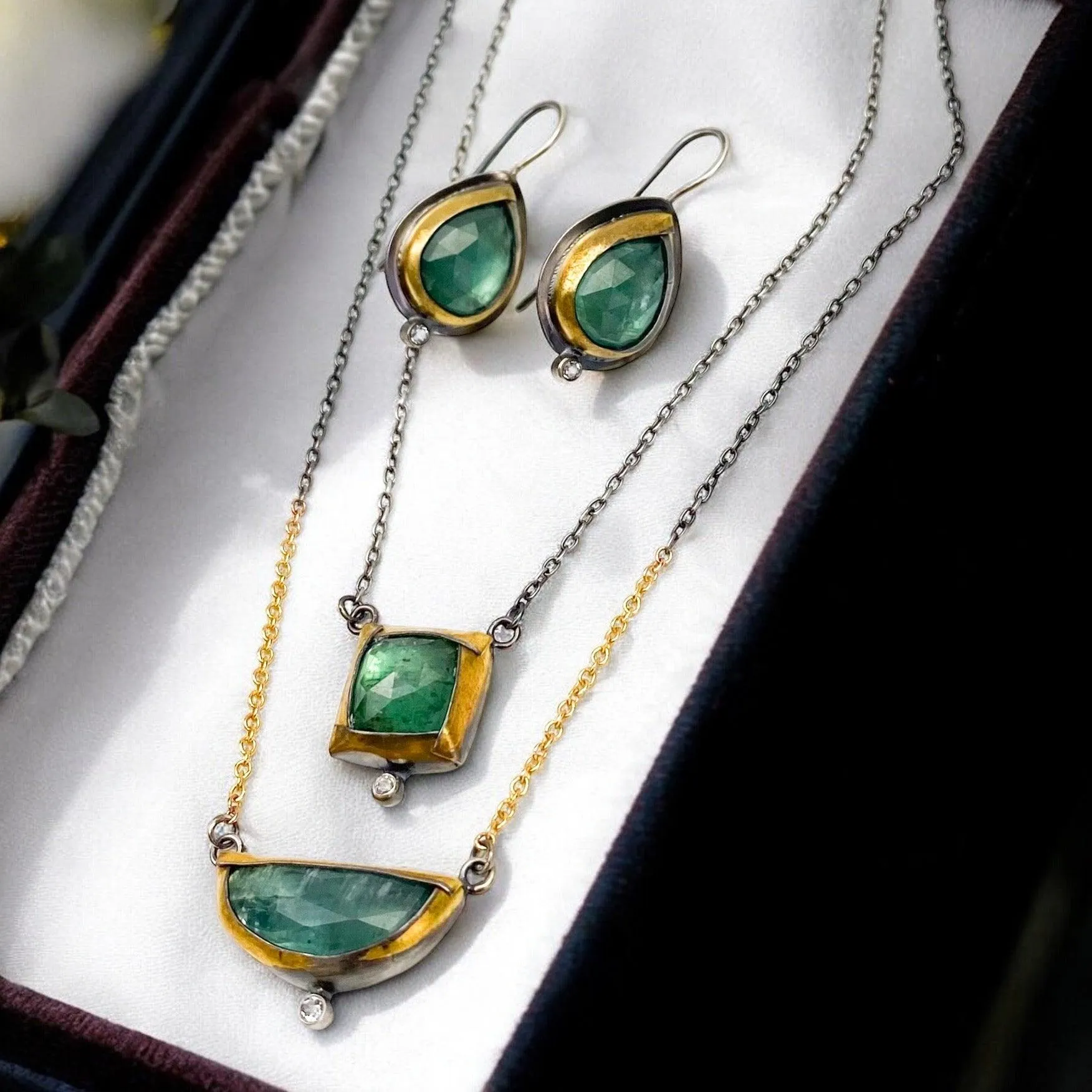 24k Gold Wrapped Green Kyanite Earrings & Necklace