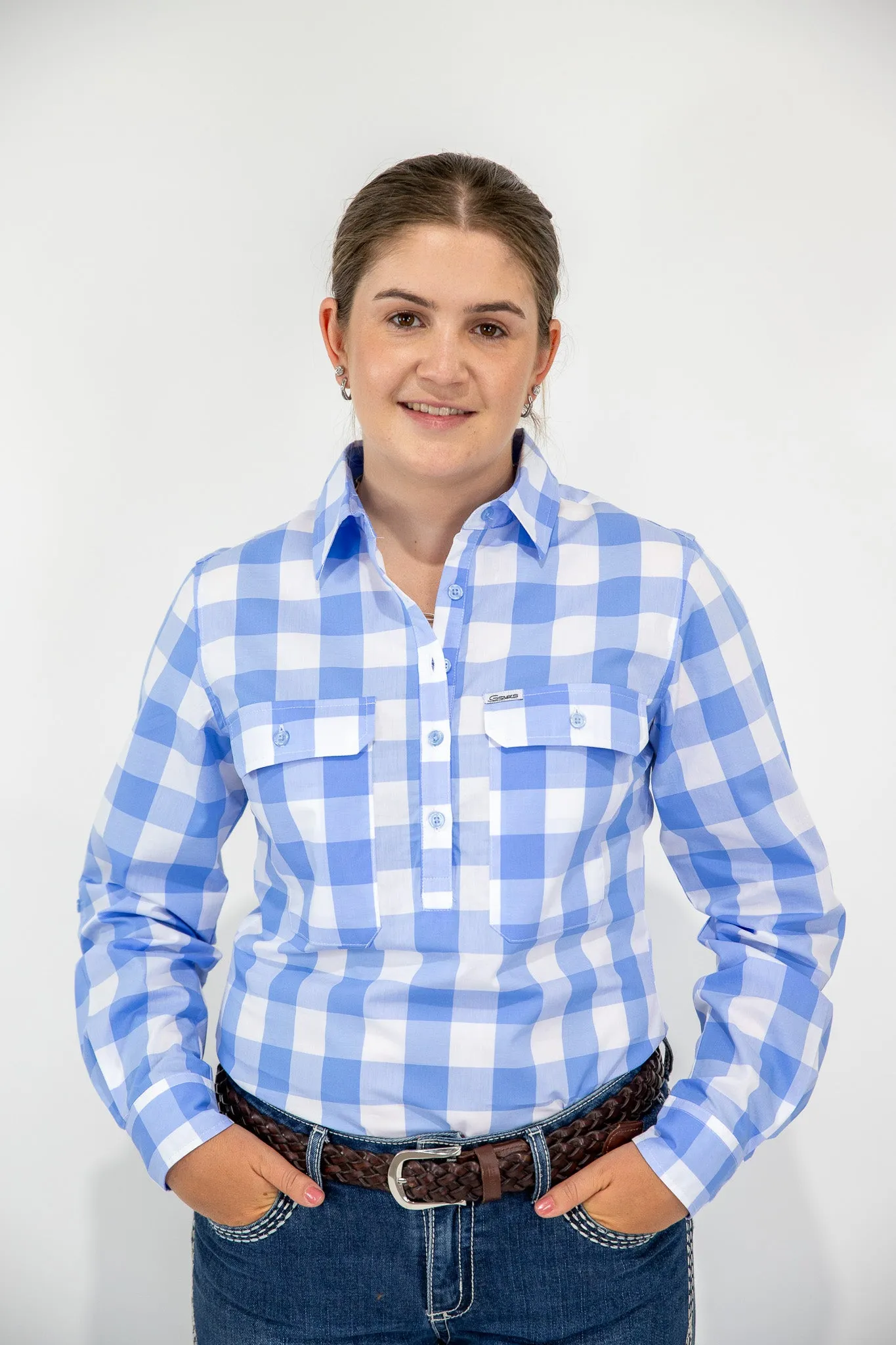 Abagail - 1/2 Button Front Check Long Sleeve Cotton Collared Shirt