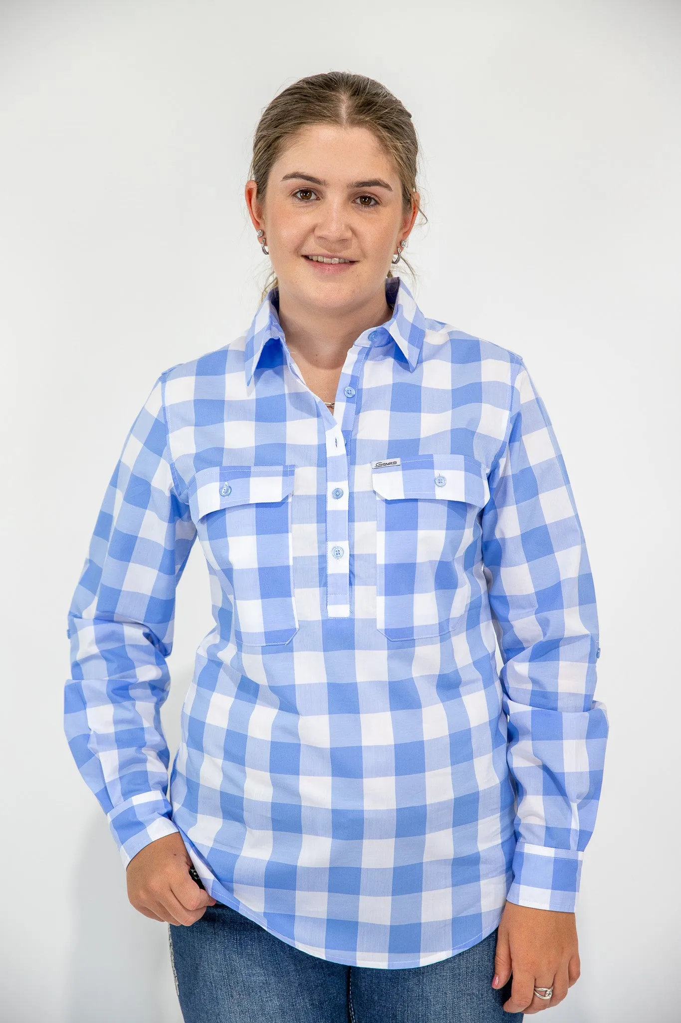 Abagail - 1/2 Button Front Check Long Sleeve Cotton Collared Shirt