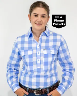 Abagail - 1/2 Button Front Check Long Sleeve Cotton Collared Shirt
