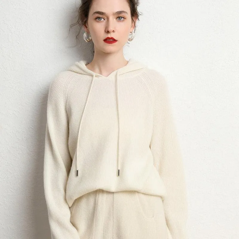 Autumn and Winter Women's Cashmere Hooded Sweater(Pants Not Included)