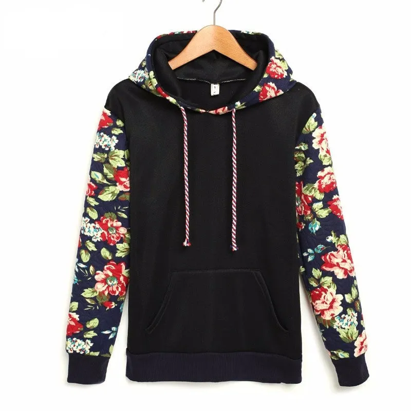 Autumn Winter Women Casual Thick Warm Floral Printed Hoodies Sweatshirts Long Sleeve Hooded Long Coat Jackets