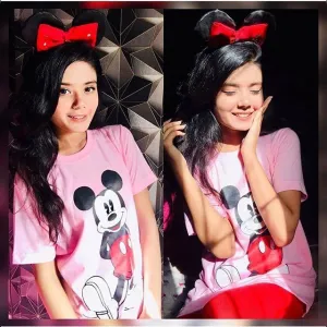 Baby Pink Micky Cotton Printed T-shirt For Womens