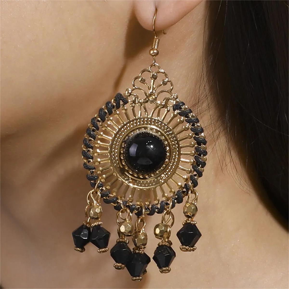 Black Acrylic & Enamel 18K Gold-Plated Openwork Round Drop Earrings