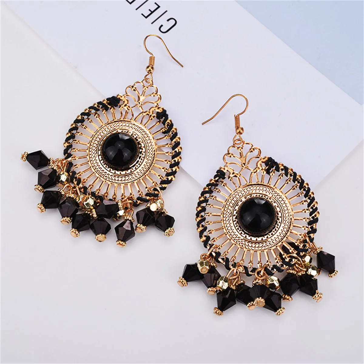 Black Acrylic & Enamel 18K Gold-Plated Openwork Round Drop Earrings