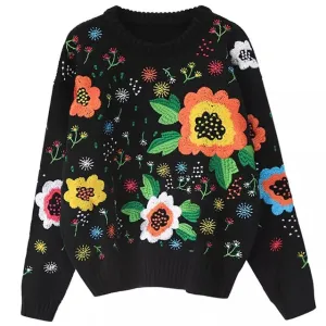 Boho Winter Sweater for Women Black Retro Vintage Runway Flowers Embroidery Sweater Warm Loose Knitted Jumper Womens Sweaters