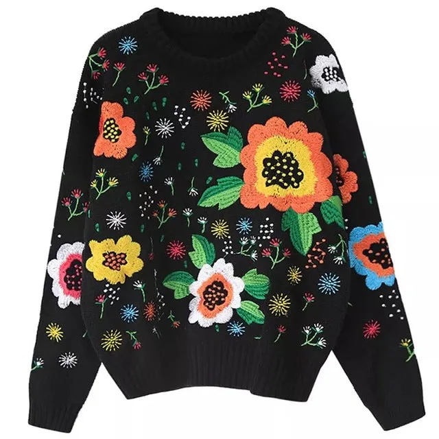 Boho Winter Sweater for Women Black Retro Vintage Runway Flowers Embroidery Sweater Warm Loose Knitted Jumper Womens Sweaters