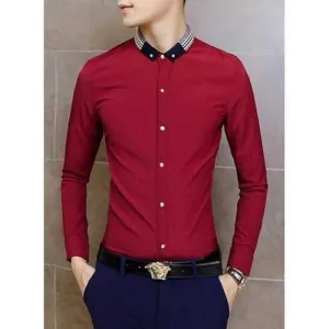 British Style Colorized Striped Shirt Collar Slimming Long Sleeves Men's Button-Down Shirt - Wine Red M
