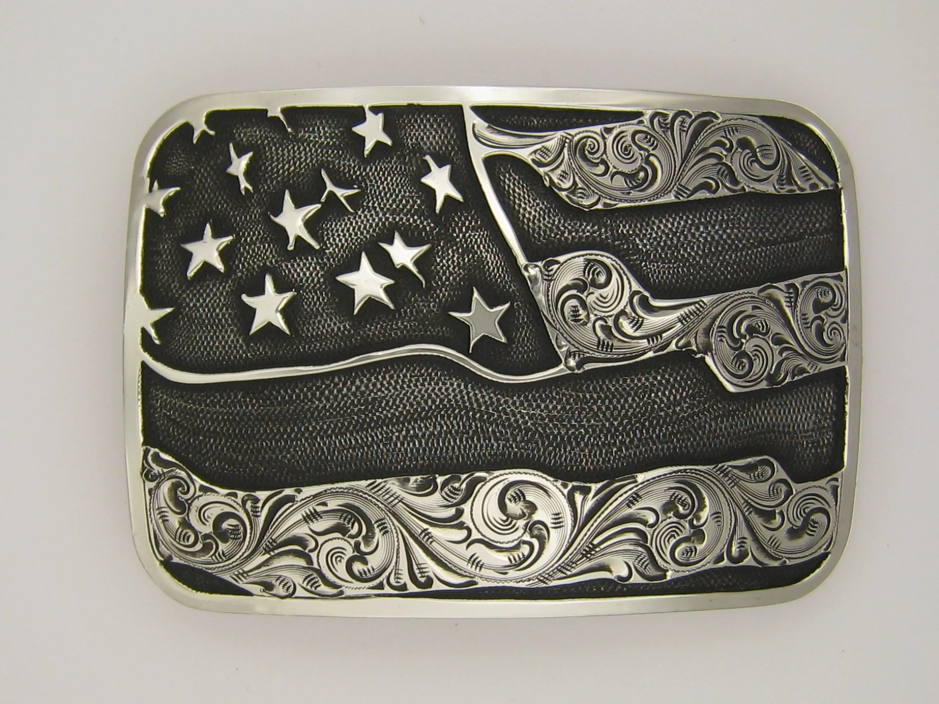 Buckle, Large American Flag "Old Glory", Hand Engraved Sterling Silver TB-J03