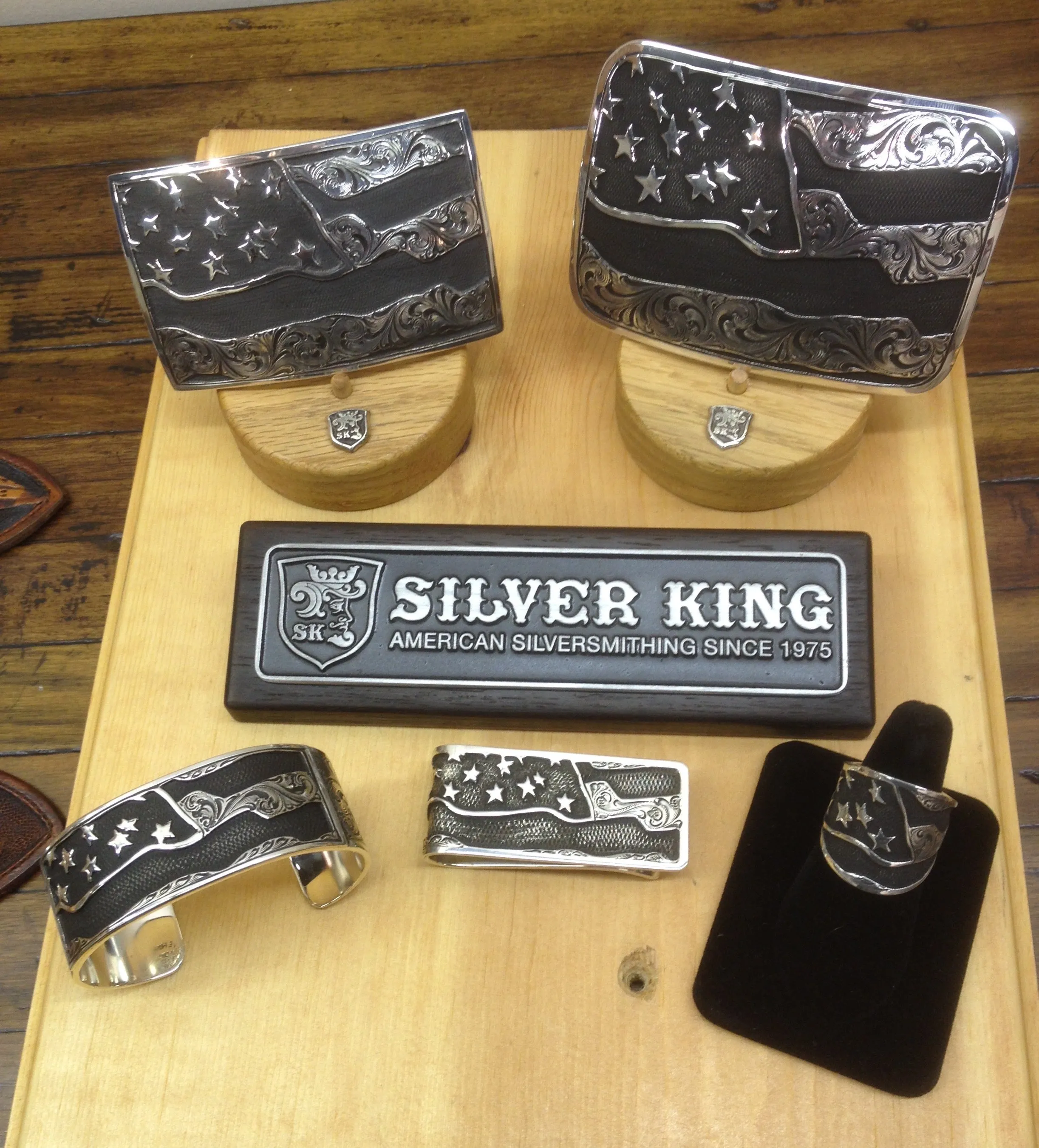 Buckle, Large American Flag "Old Glory", Hand Engraved Sterling Silver TB-J03