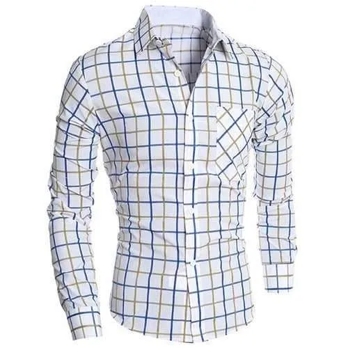 Classic Color Block Exquisite Patch Pocket Shirt Collar Long Sleeves Men's Slimming Plaid Shirt - Blue And Yellow L