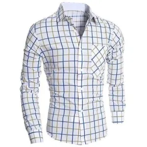 Classic Color Block Exquisite Patch Pocket Shirt Collar Long Sleeves Men's Slimming Plaid Shirt - Blue And Yellow L