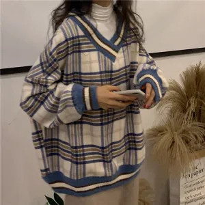 Classic V-Neck Plaid Knitted Loose Sweater