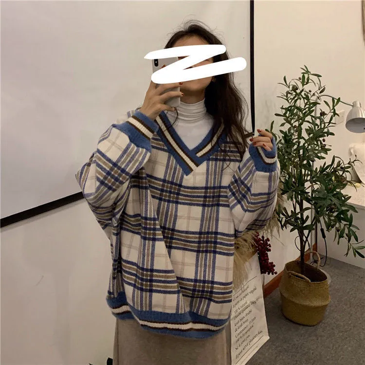 Classic V-Neck Plaid Knitted Loose Sweater