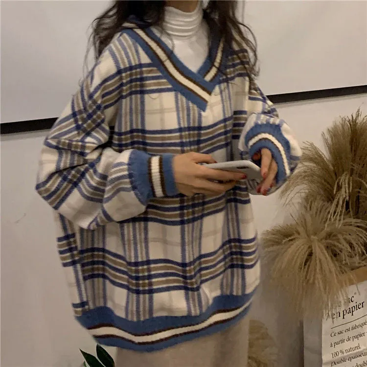 Classic V-Neck Plaid Knitted Loose Sweater