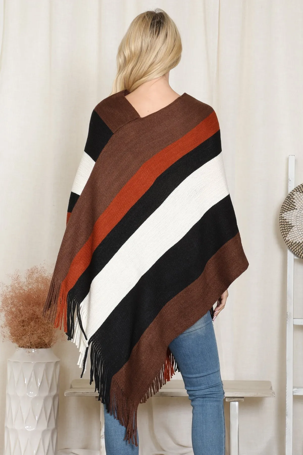 Color Block Fringe Poncho – Cozy &amp; Stylish - HDF2099