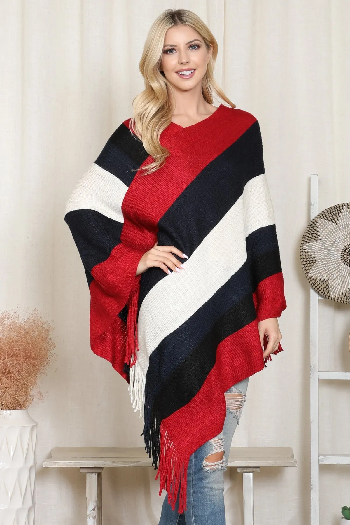 Color Block Fringe Poncho – Cozy &amp; Stylish - HDF2099