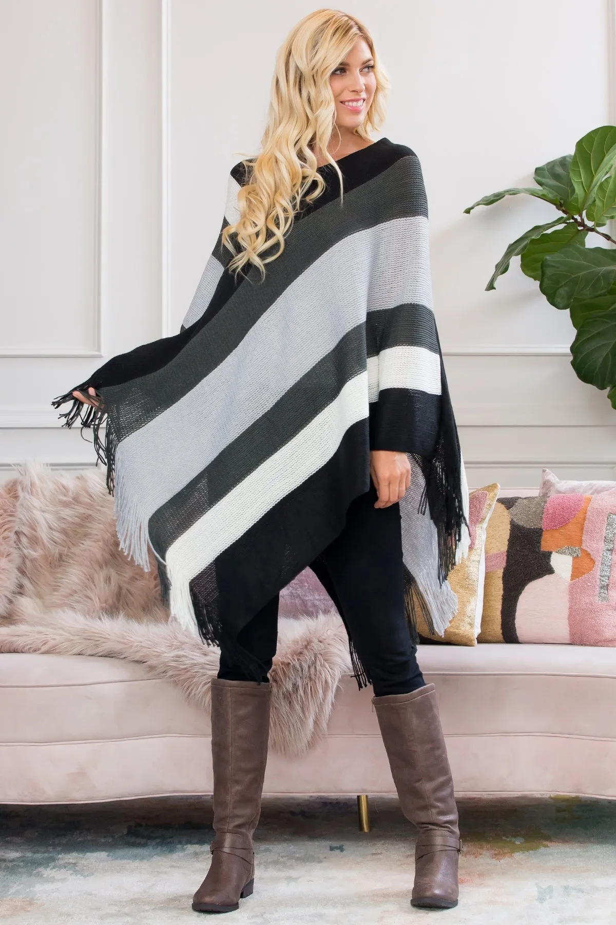 Color Block Fringe Poncho – Cozy &amp; Stylish - HDF2099