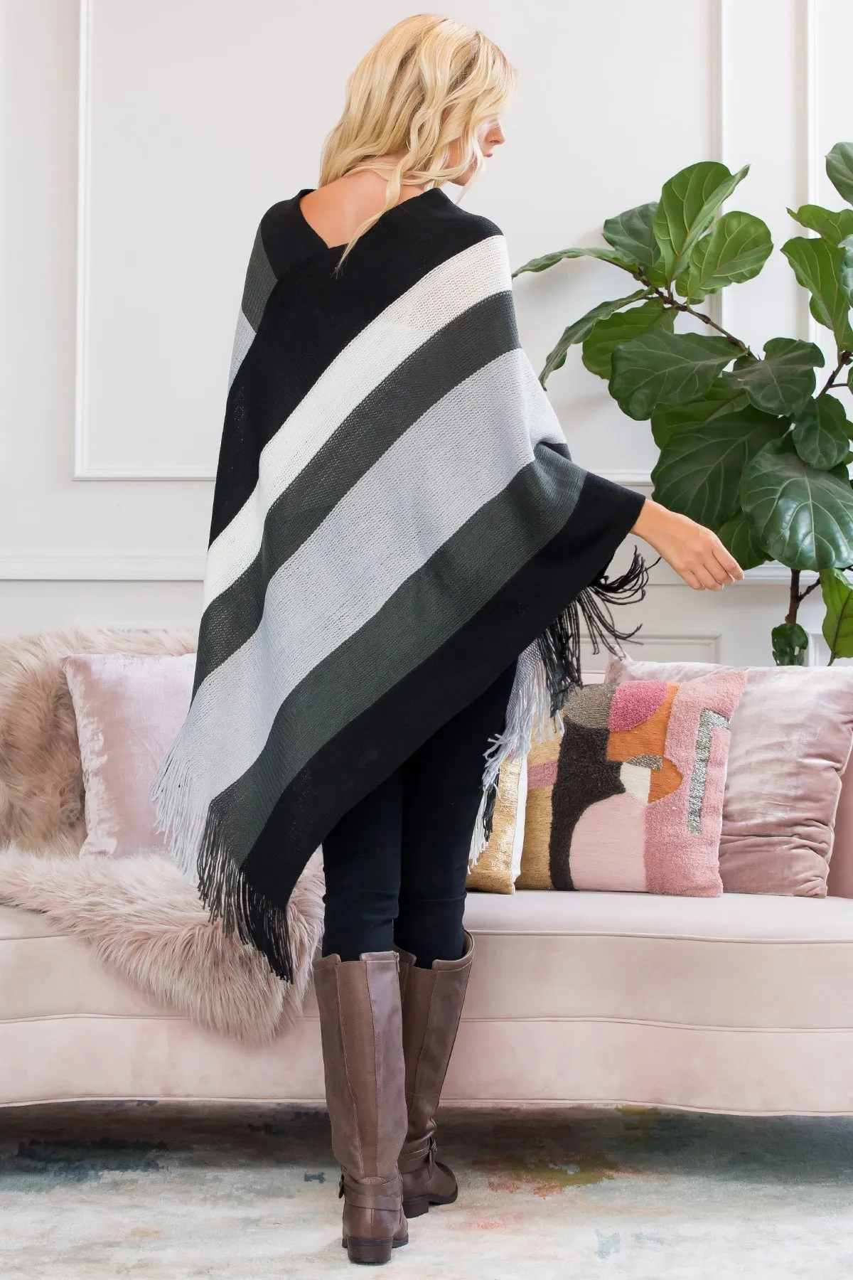 Color Block Fringe Poncho – Cozy &amp; Stylish - HDF2099