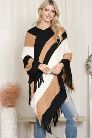 Color Block Fringe Poncho – Cozy &amp; Stylish - HDF2099