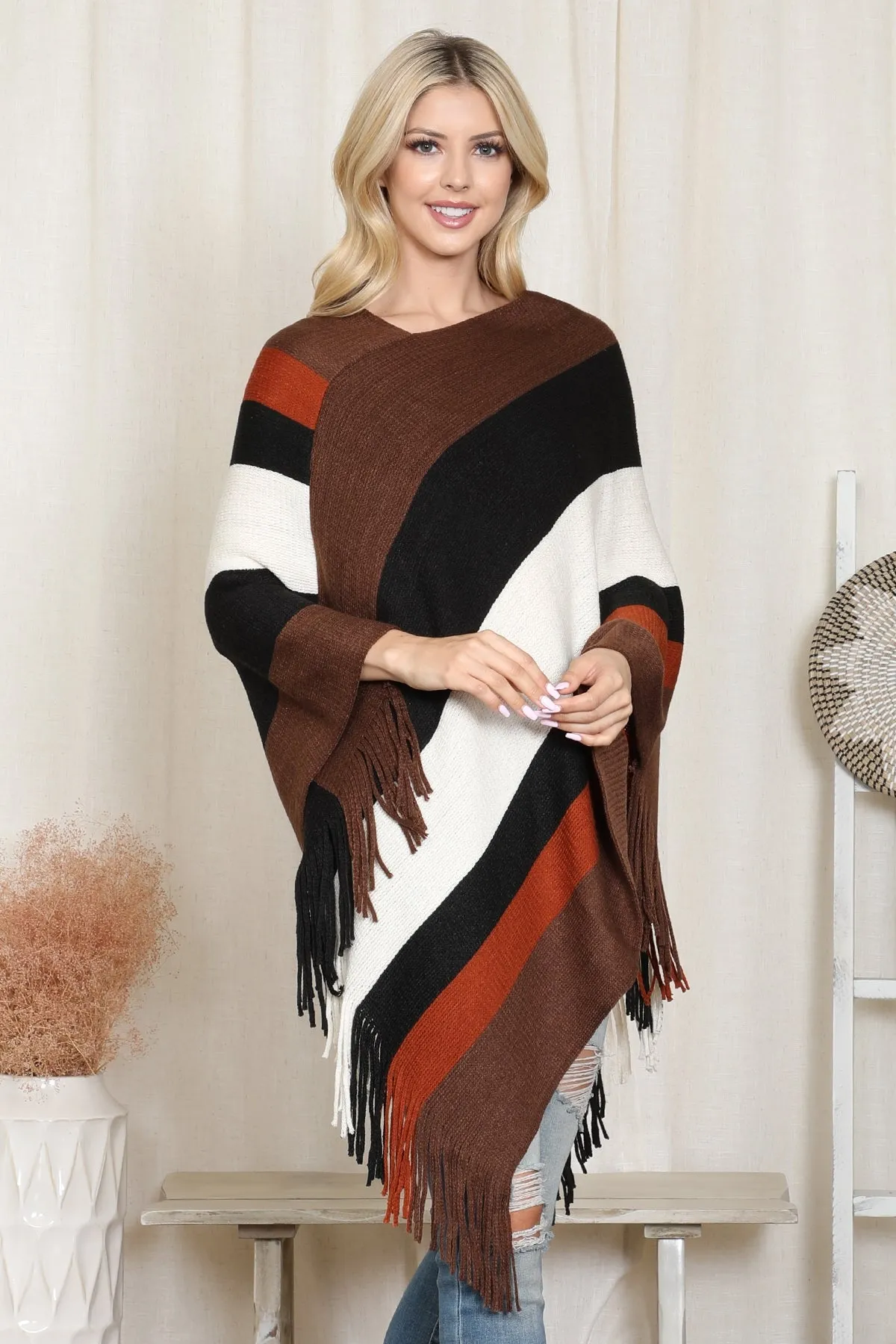 Color Block Fringe Poncho – Cozy &amp; Stylish - HDF2099