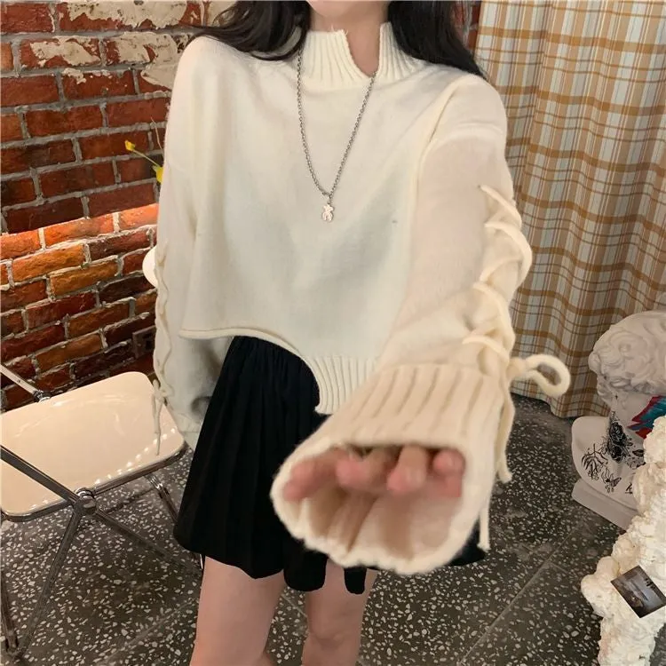 Cropped Lace Tie Irregular Sweater