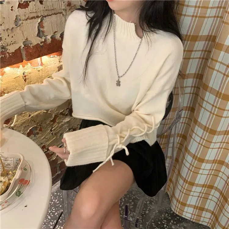 Cropped Lace Tie Irregular Sweater
